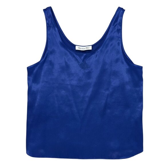 Vintage Christian Dior Camisole Intimate Top Embroidered Monogram Blue Satin - Picture 1 of 6